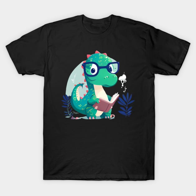 Cute Dinosaur Book Reading T-Shirt by Pixy Official